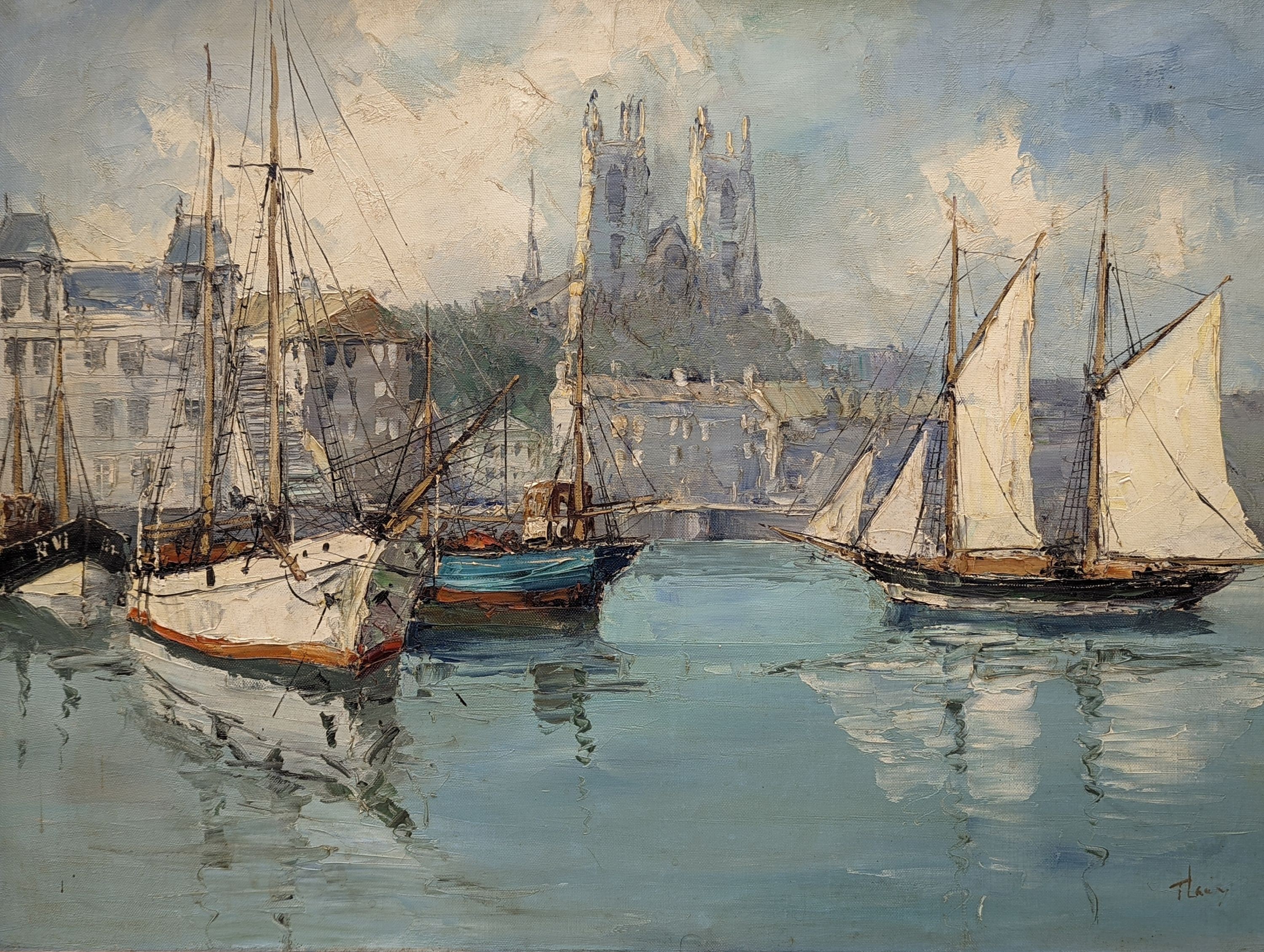 Bernhard Laarhoven (b.1912), oil on canvas, Shipping in harbour, signed, 50 x 70cm